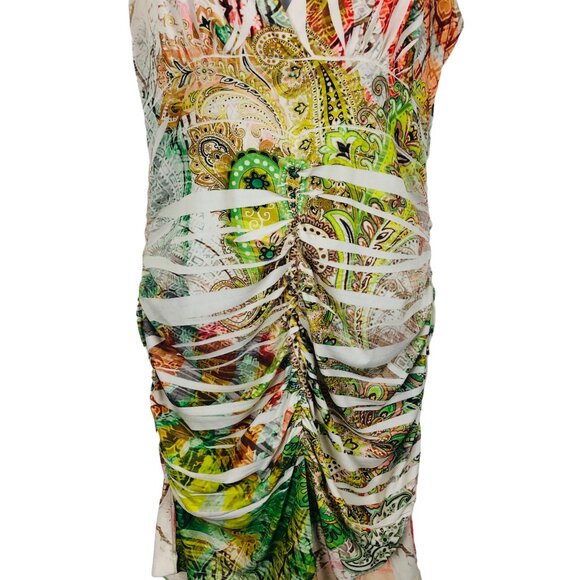Vtg Body Central Sheath Dress Sz Small? Bodycon Multicolor Multipattern Ruched - Picture 9 of 9